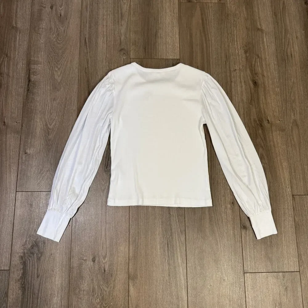 Madewell Ribbed Puff-Sleeve Top Sz S White Long Sleeve Slim Fit Pullover Cotton - Picture 6 of 8